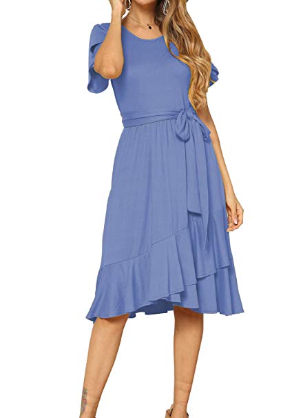 levaca Women's Plain Casual Flowy Short Sleeve Midi Dress with Belt