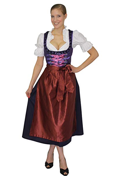 Bavarian Women's Midi Dirndl Dress 3-pcs with Apron   Blouse Purple red
