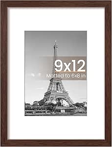 upsimples 9x12 Picture Frame, Display Pictures 6x8 with Mat or 9x12 Without Mat, Wall Hanging Photo Frame, Brown, 1 Pack