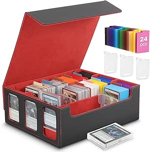 MoKo Card Storage Box for Trading Cards, 2500  MTG Deck Box with 24 Colorful Dividers & 3 Card Supporters, Commander Card Deck Case with Display Window, Fits for Magic Game Cards, YugiOh, Black Red