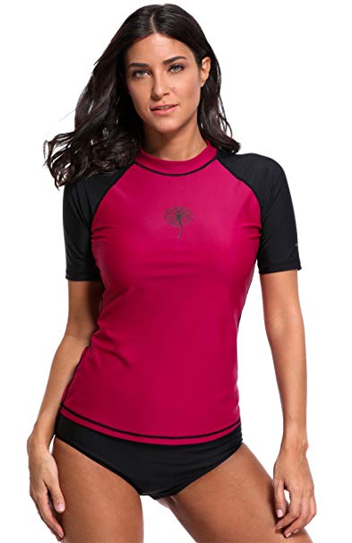 ATTRACO Women's Short-Sleeve Rashguard Swimwear UPF 50  Rash Guard Athletic Tops