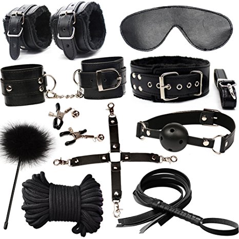Bondage Restraints Kit 10Pcs BDSM Bed Restraints System with HandCuffs Footcuffs Whip Rope Blindfold Mask Mouth Gag Magic Wand Cross Strap Couples Toy Set for Sex Play (Black)