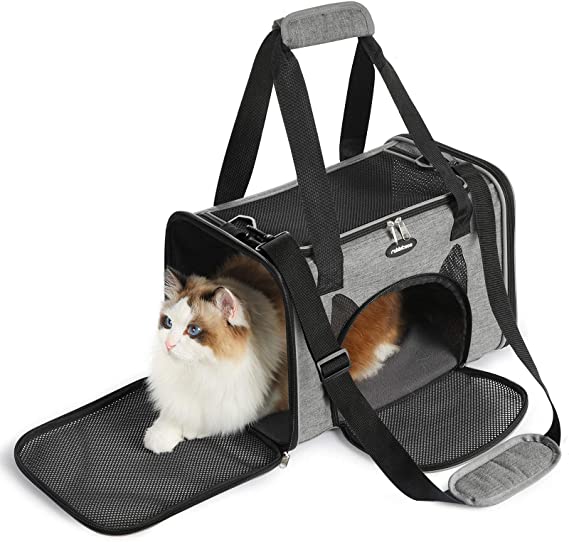 rabbitgoo Cat Carrier, Pet Carriers Airline Approved Soft-Sided, Travel Carrier for Average Cats and Small Dogs, Portable Carrier with 4 Open Doors and Mesh Windows, Collapsible- Grey