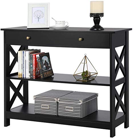 Yaheetech Console Sofa Table Classic X Design with Drawer and 3 Tier Storage Shelves - Entryway Hall Table Bookshelf Display Rack for Living Room Office Furniture