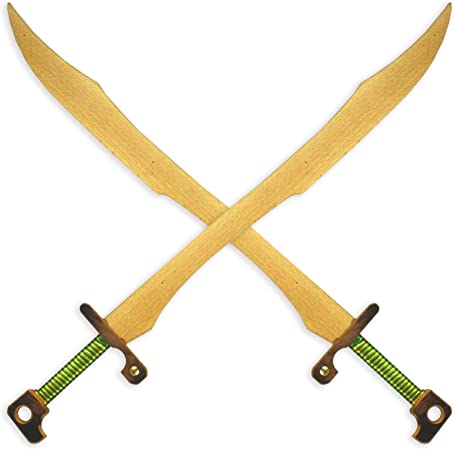 AEVVV 2 Persian Sabers Toy Wooden Swords for Kids 26 in - Pair of Wood Unsharpened Swords Toy Persian Knife Green-Yellow Hilts - Handmade Outdoor Play Medieval Knight Daggers Wood Weapons