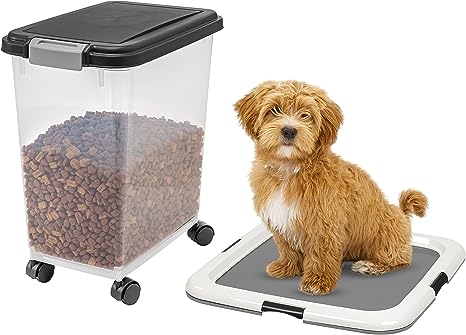 IRIS USA 25 Lb / 33 Qt WeatherPro Airtight Pet Food Storage Container with Attachable Caster and Square Training Pad Holder Set, Easy Mobility Keep Pests Out Floor Protection, Black