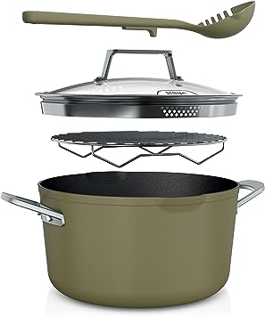 Ninja CW202GN Foodi NeverStick PossiblePot, Premium Set with 7-Quart Capacity Pot, Roasting Rack, Glass Lid & Integrated Spoon, Nonstick, Durable & Oven Safe to 500°F, Olive Green