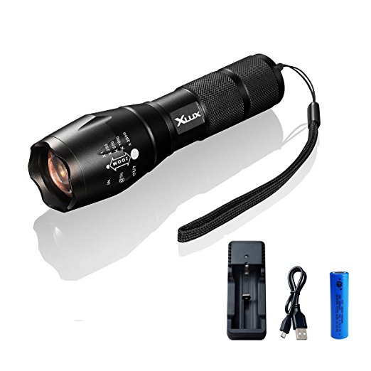 XLUX rechargeable LED torch tactical flashlight, super bright, with USB charger and 18650 Li-ion battery