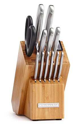 KitchenAid KKFSS14BO 14 Piece Classic Forged Series Brushed Stainless Steel Cutlery Set, Bamboo Wood