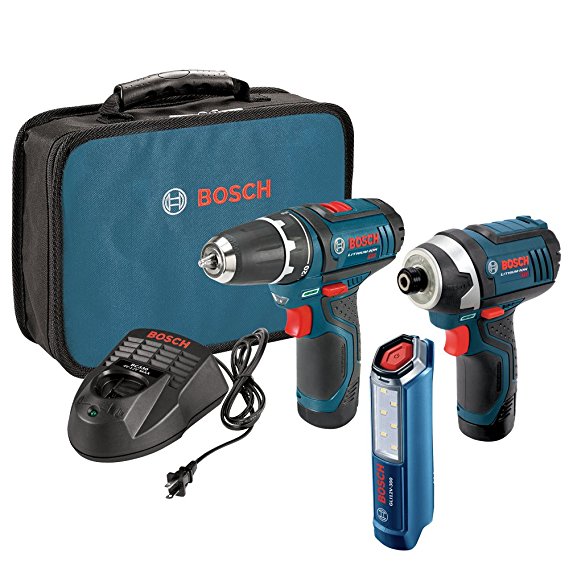 Bosch 12-Volt 2-Tool Combo Kit (Drill/Driver and Impact Driver) with two 12-Volt Lithium-Ion Batteries, 12V Charger,Carrying Case and LED Worklight