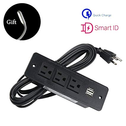 Recessed Power Strip Socket with 3 AC Outlets 2 USB Charging Hubs and 3m Power Cord US Flat Plug for Conference Home Office Black