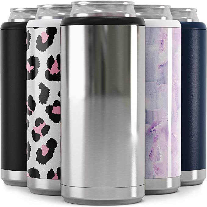 Maars Skinny Can Cooler for Slim Beer & Hard Seltzer | Stainless Steel 12oz Sleeve, Double Wall Vacuum Insulated Drink Holder - Silver