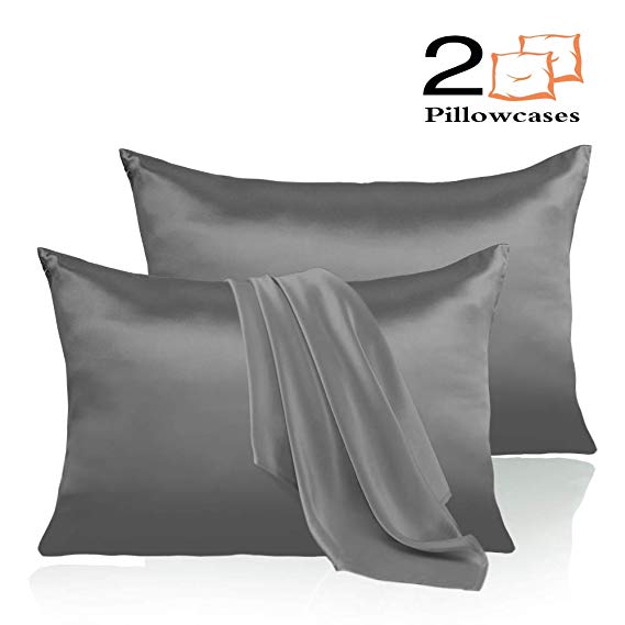 Leccod 2 Pack Silk Satin Pillowcase for Hair and Skin Cool Super Soft and Luxury Pillow Cases Covers with Envelope Closure (Deep Gray, Queen: 20x30)