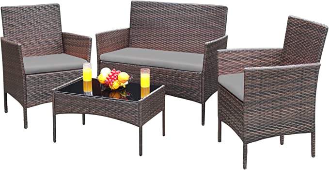 Greesum 4 Pieces Patio Outdoor Rattan Furniture Sets, Wicker Chair Conversation Sets, Garden Backyard Balcony Porch Poolside Furniture Sets with Soft Cushion and Glass Table, Brown and Gray