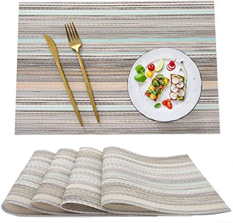 Utalek Placemats, Heat Resistant Placemats Stain Resistant Anti-Skid Washable PVC Table Mats Woven Vinyl Dining Kitchen Placemats, Set of 4 (Beige)
