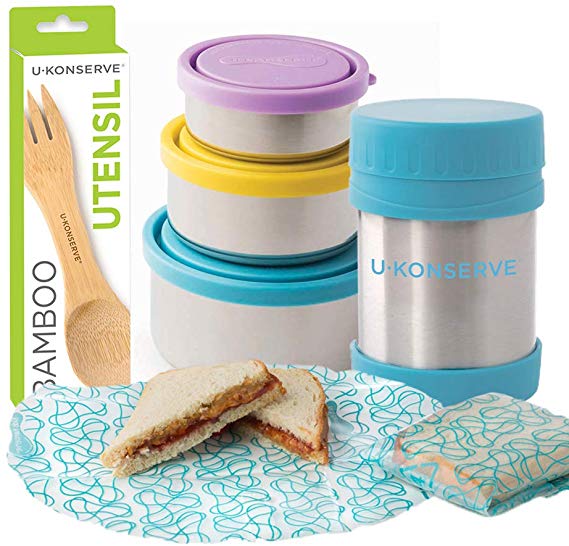 U-Konserve - Waste-Free Lunch Kit - Round Nesting Trio, Insulated Food Jar, Food Kozy Wrap, Bamboo Utensil, BPA-Free, Phthalate-Free, Lead-Free | 4-Pack (Sky)