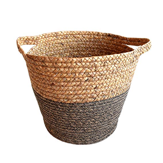 DUFMOD Large Black Bottom Jute Mix Handwoven Natural Seagrass and Cotton Basket for Storage or Planter
