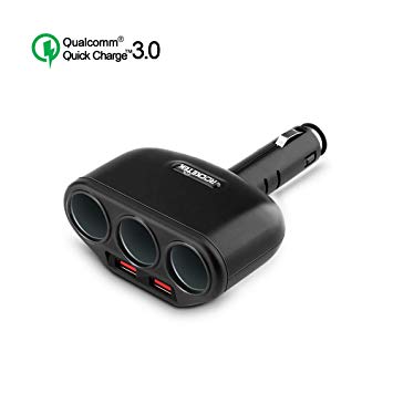 Rocketek 3-Socket 2-Port USB Quick Charge 3.0 Car Charger Splitter Adapter, 120W 12V/24V DC Outlet Multi Socket Car Cigarette Lighter USB with 2-Port QC3.0 Car Charger Power Outlet Splitter Extender