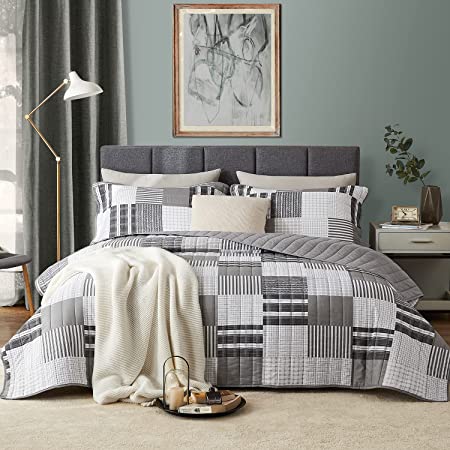 Hansleep Quilt Set with Striped and Plain Patchwork Pattern, Ultrasonic Comforter Bedding Cover Lightweight Bedspread Bed Decor Coverlet Set for All Season (Grey Patchwork, Full/Queen 90x96 inches)