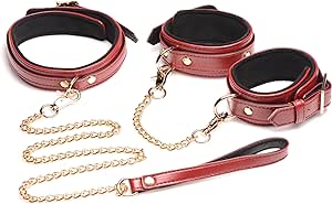 Master Series 6 Piece Burgundy Faux Leather Adult Sex Bondage Restraints Set for Women, Men, & Couples, Adjustable Wrist & Ankle Cuffs, Collar, & Leash with Connecting Chains, BDSM Kit - Black & Red