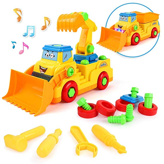 Beebeerun 2-in-1 Take Apart Construction Trucks Toys with Sounds and Lights,Stem Early Development Car Toys,Assemble Toy Bulldozer Trucks for 2 3 4 5 6 7 Years Old Boys and Girls