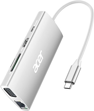 Acer USB C Hub with 4k HDMI, 9-in-1 USB C to Ethernet Adapter, 5Gbps USB-A 3.1 Docking Station, PD 100W Charging, SD Card Reader, USB to VGA Splitter for MacBook, Acer, Laptops, Surface (Silver)