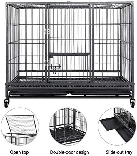 Yaheetech 43-inch Heavy Duty Metal Pet Dog Cage Crate Kennel for The House Indoor Outdoor for Small/Medium/Large Dogs w/Double Doors & Locks & Double Tray & Lockable Wheels Black