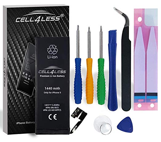 CELL4LESS Battery Replacement Kit for iPhone 5 A1428, A1429 & A1442-1440 mAh, 3.8V, 5.45 WHR w/Assembly Tools & Adhesive Pull Strips