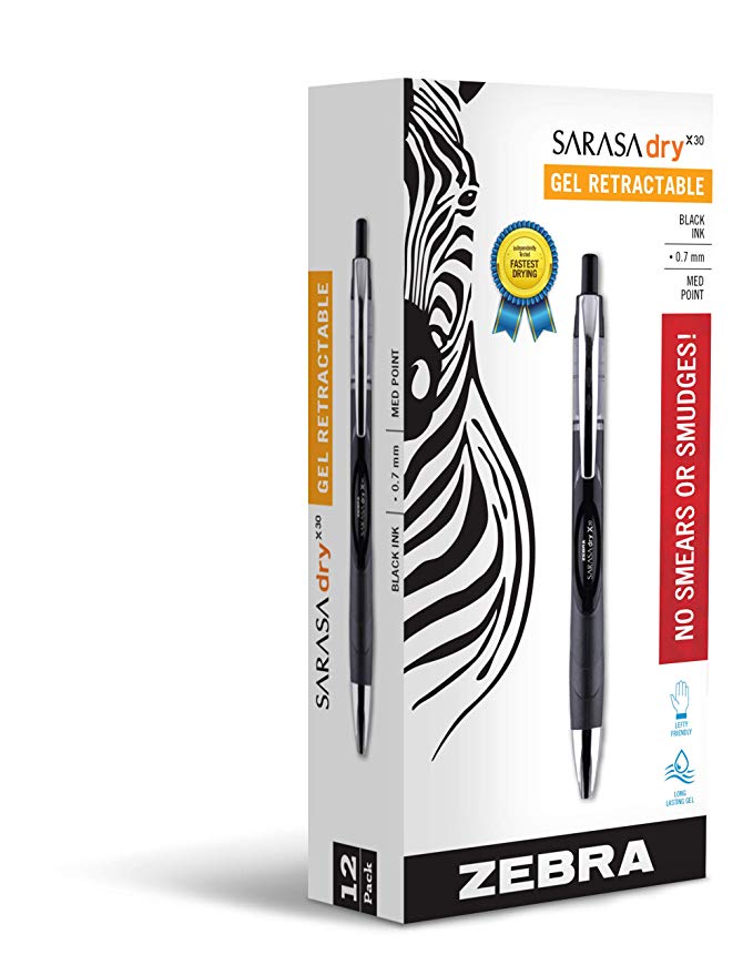 Zebra Sarasa Dry X30 Retractable Gel Ink Pens, Medium Point 0.7mm, Black Rapid Dry Ink, 12-Count