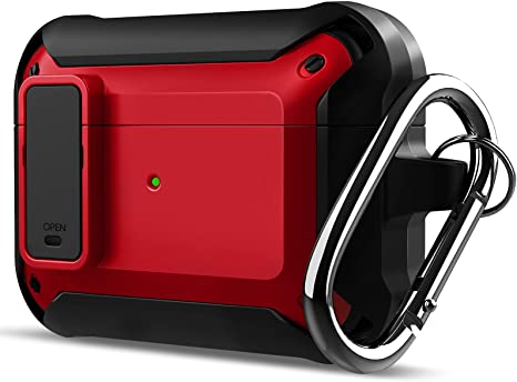Airpods Pro Case Armor Upgraded [Secure Lock], Jelanry Heavy Duty Protection Shockproof Full-Body Hard Shell Protective Cover Case Skin with Keychain for AirPod Pro 2019 Black/Red [Front LED Visible]