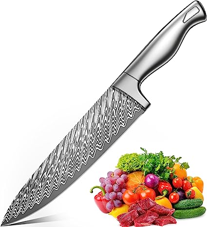 Chef Knife, Pro 8 Inch Kitchen Knife, German High Carbon Stainless Steel with Damascus Pattern, Ergonomic Knife Handle, Super Sharp Chef's Knives