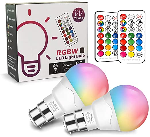 AYOGU1 B22 Light Bulbs 6W (Equivalent to 40W) LED Colour Changing Light Bulbs with Remote Control Dimmable Warm White Bayonet Nig.