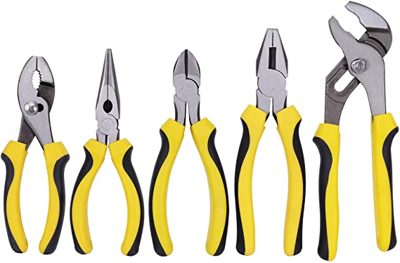 TOPLINE 5-Piece Pliers Set, Included 8" Groove Joint Pliers, 7" Linesman Pliers, 6" Long Nose Pliers, 6" Slip Joint Pliers, 6" Diagonal Pliers for Basic Repair, DIY Projects and Home Maintenance