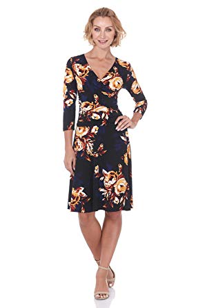 Rekucci Women's Slimming 3/4 Sleeve Fit-and-Flare Crossover Tummy Control Dress