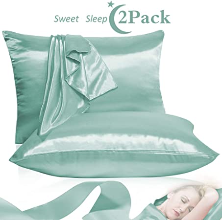Leccod 2 Pack Shinny Silk Pillowcase with Hidden Zipper, Super Soft and Luxury Satin Pillow Cases Covers for Hair and Skin (Upgrade Zipper Spa Green, Queen: 20x30)