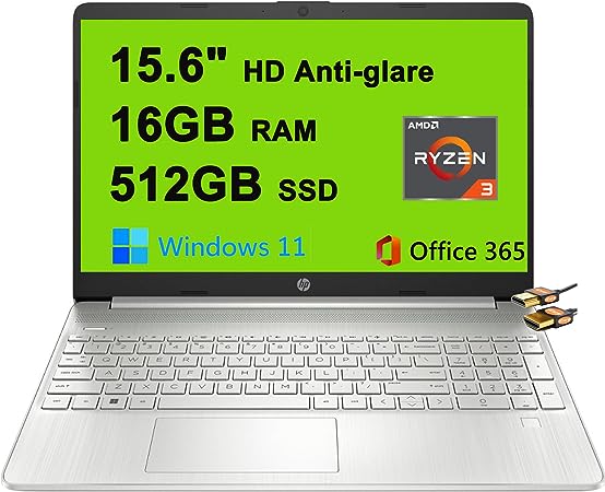 HP Laptop 15 Business Computer 15.6" Diagonal HD Anti-glare Display AMD Quad-Core Ryzen 3 5300U (Beats i7-1065G7) 16GB RAM 512GB SSD AMD Radeon Graphics USB-C Office365 Webcam Win11 Silver  HDMI Cable