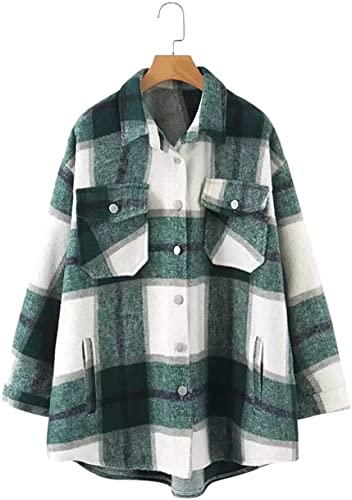 LIUHUAF Womens Wool Blend Plaid Lapel Button Short Pocketed Shacket Shirts Coats