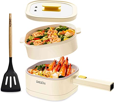 Dezin Electric Hot Pot with Steamer, 2L Non-Stick Ceramic Coating Ramen Cooker, Multifunctional Frying Pan, Portable Hot Pot for Dorm, Office, Travel with Power Adjustment(Silicone Spatula Included)