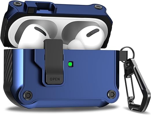 R-fun Airpods Pro 2nd Generation/1st Generation Case Cover with Automatic Snap Switch, Secure Lock Clip Super Protective for Airpods Pro Case (2019/2022) with Keychain for Men Women，Blue