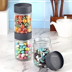 CELLO Modustack Glassy Storage Jar | Glass Jar with Lid | Air Tight Steel Lid and Stackable | For Storage of Food, Pulses, Spice, Cereals, Cookies, Dry Food | Set of 3 | 750ml, Grey