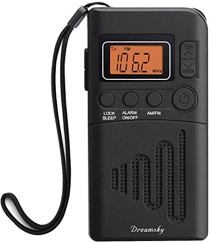 DreamSky Portable Pocket AM FM Radio with Alarm Clock, Clear Time Display Easy to Read, Sleep Timer with Earphone Jack, Adjustable Volume, Battery Operated Small Compact Radios for Walking/Running.