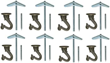 8 Antique Brass Ceiling Hooks Complete Sets 1.5" Heavy Duty 15 lb Capacity Wide Opening Swag Hooks Hanging Plants Decorations - Include All Hardware Premium Quality Taiwan BullDog