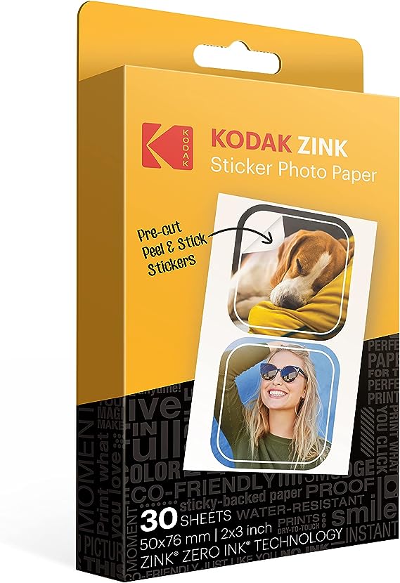 Kodak 2”x3” Premium Zink Pre-Cut Sticker Photo Paper (30 Sheets) Compatible with All Kodak 2x3” Instant Print Products – Except Printomatic