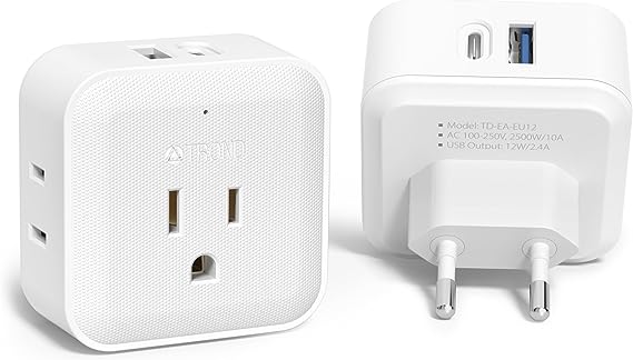 European Travel Plug Adapter 2 Pack - TROND International Power Plug with 2 USB (1 USB C) Port, 4 AC Outlets, Type C Power Adaptor Converter for US to Most Europe EU Iceland Spain Italy France Germany