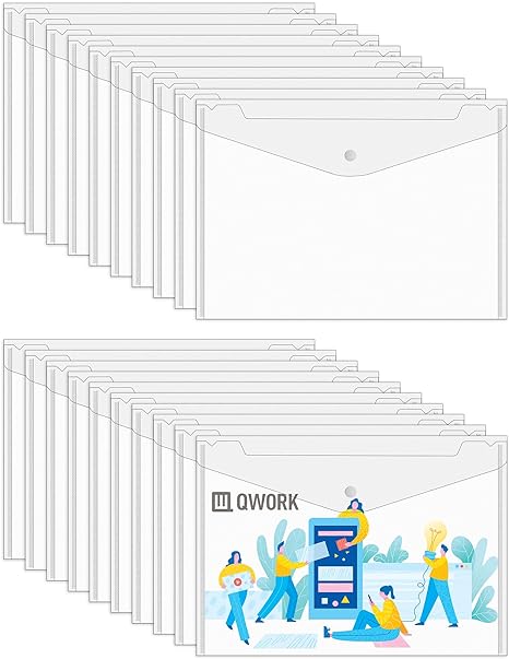 QWORK Clear Plastic Envelopes, 20 Pcs A4 Letter Size Document Envelopes File Bag Filing Envelopes with Button Snap Closure, Plastic Folders for Office School Work Organization