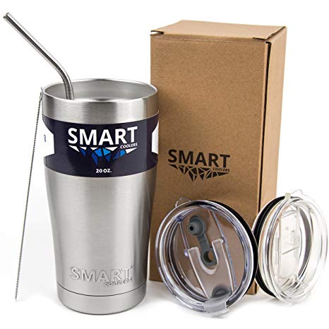 Tumbler 20 oz - Smart Coolers - Ultra-Tough Double Wall Stainless Steel Premium Insulated Travel Cup - Keep Coffee and Ice Tea   2 Lids   Straw   Gift Box, Stainless Steel