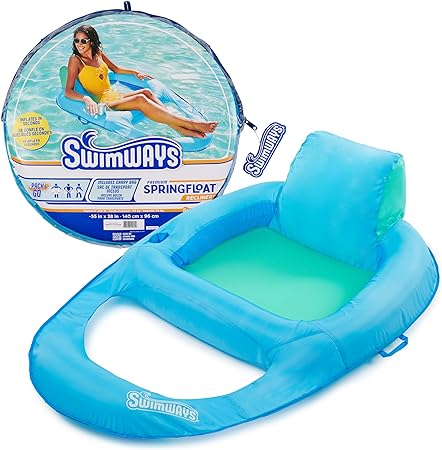 SwimWays Spring Float Premium Recliner Pool Lounger for Swimming Pool, Inflatable Pool Floats Adult with Fast Inflation for Ages 15 & Up, Sky Blue