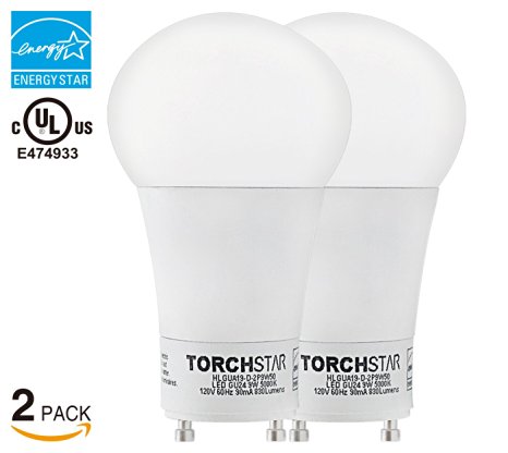 2-Pack Dimmable 9W GU24 Base A19 LED Light Bulb, ENERGY STAR UL-Listed LED GU24 Bulb, 60W Incandescent Equivalent, 830lm, 5000K Daylight, 310° Omni-directional for Replacing CFL and General Lighting