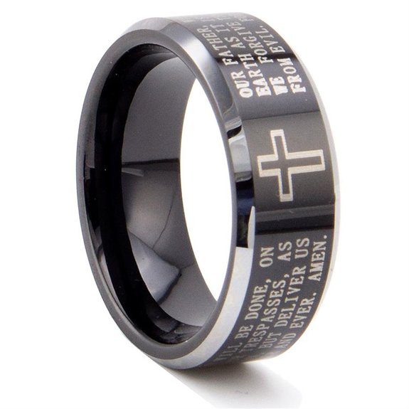 King Will Men's Black Tungsten Carbide 8mm Lords Prayer Polished Finish Wedding Band Ring