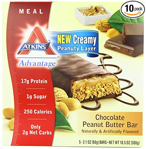Atkins Advantage Bars, Chocolate Peanut Butter, 2.1-Ounce Bars 5 count, (Pack of 2)